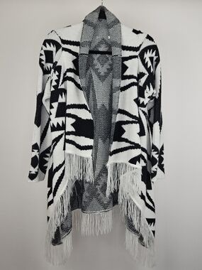 Boho Southwestern Fringe Knit Cardigan L Black White Long Sleeve Open Front Wrap